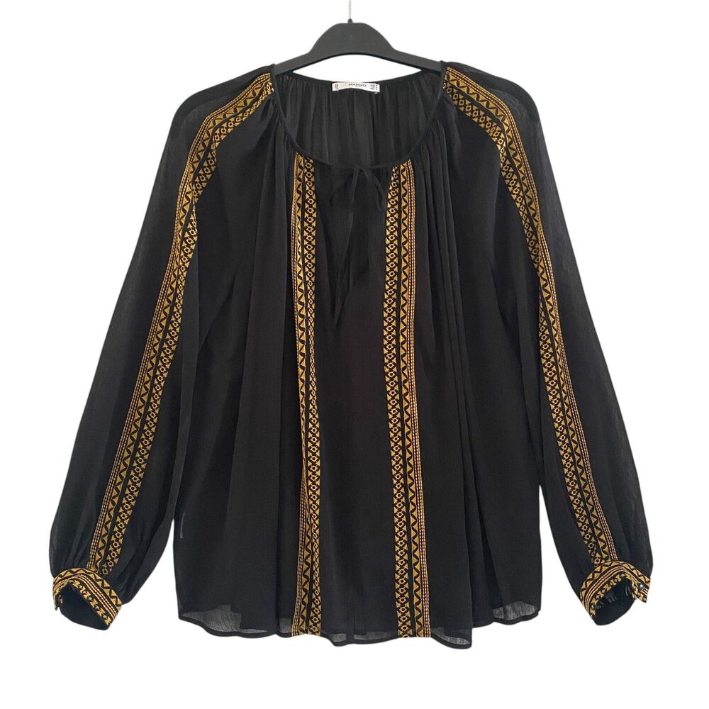 Mango Suit Blouse Top Long‎ Sleeve Embroidered Black Golden Tassels Size 6 (M)